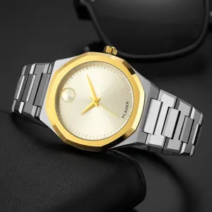 Montre quartz homme Pladen en acier inoxydable style affaires loisirs luxe avec lunette dorée.
