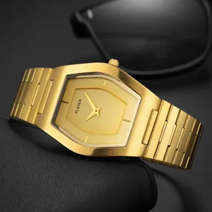 Pladen luxe goud roestvrij staal quartz herenhorloge met uniek geometrisch wijzerplaat.