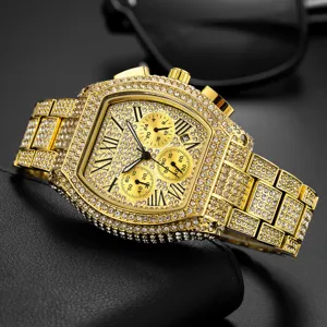 Hip Hop Men Quartz Watch Full Rhinestone Luxury Iced Out Tonneau Watch Chronograph Luminous Metal Strap Fashion Watch