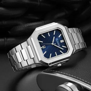 PLADEN Men's Quartz Watch Stainless Steel Blue Dial Square Business Luxury Wristwatch