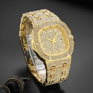 Luxury gold iced out square men watch hip hop rhinestone quartz wrist watch jewelry