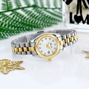 Missfox women luxury two-tone quartz watch with crystal dial and stainless steel band.