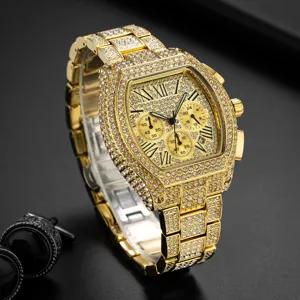 Detailed view of luxury men's iced out tonneau quartz watch with dazzling rhinestones.