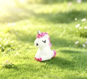 Cute resin unicorn figurine detail showing delicate pink mane and grass micro landscape scene.