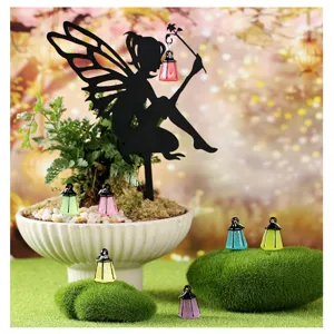 Iron fairy garden stake with luminous miniature lantern pendants for outdoor lawn and plant decor.