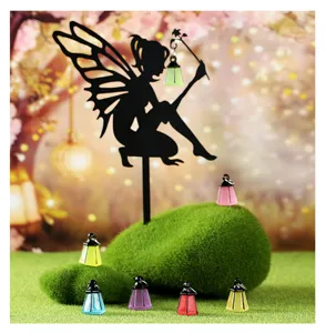 Iron fairy silhouette garden stake with colorful glowing lantern charms for outdoor yard lawn decor