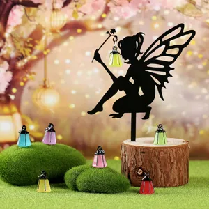 Decorative iron fairy silhouette stake with colorful luminous miniature lantern charms for garden.