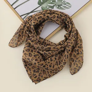 Leopard print chiffon square scarf, soft lightweight neckerchief fashion accessory.