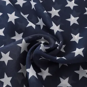 Detailed view of the star print chiffon scarf fabric, lightweight texture, perfect for summer.