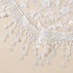 White lace floral triangle scarf shawl detail shot, breathable summer sun protection neckwear.