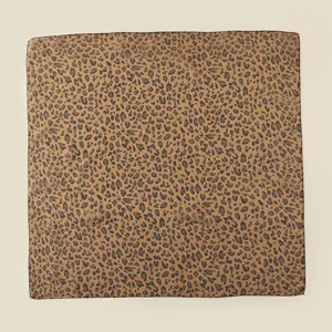 Classic leopard print square scarf detail, soft chiffon fabric, stylish neckerchief accessory.