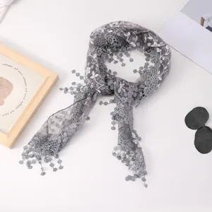 Elegant grey lace floral triangle scarf, summer breathable hollow shawl and stylish neck wrap.
