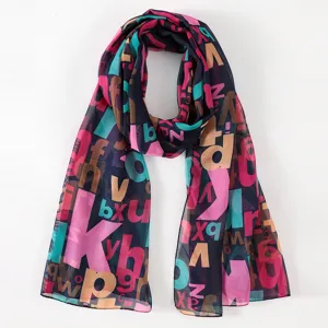 Langer bunter Buchstaben Print Chiffon Schal, leichtes Sommer Strand Tuch für Damen.