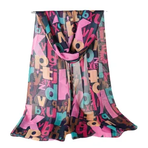 Bunter Buchstaben Druck langer Chiffon Schal, leichter Fruehling Sommer Damen Modeschal.