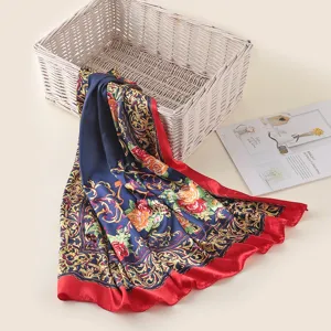 Barok bloemenprint vierkante sjaal zijde satijn retro blauw rood halsdoek chique accessoire