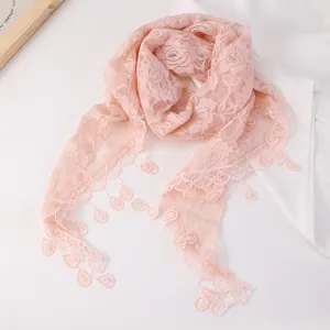 Pink lace floral triangle scarf, summer breathable hollow shawl and sun protection headscarf.