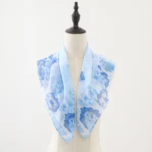 Blue floral chiffon square scarf, soft lightweight spring summer neck accessory for women.