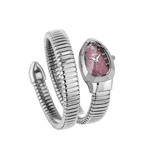 Fashion silver snake wraparound quartz watch with purple dial and diamond bezel for women.