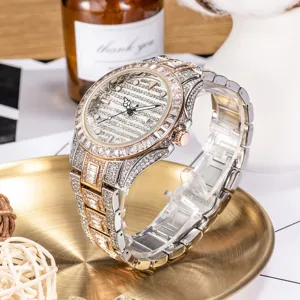 Men's luxury iced out quartz watch featuring diamond encrusted bezel and metal strap.