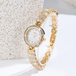 Luxury Rhinestone Women Quartz Watch Elegant Copper Case Stainless Steel Buckle Fashion Waterproof Ladies Wristwatch