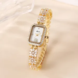 Elegante Damenuhr Luxus Kristall rechteckiges Zifferblatt Gold Quarzuhr Schmuck
