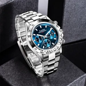 PLADEN stylish men's quartz sports watch with striking blue dial and steel strap.