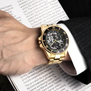 Reloj Mecánico Automático de Lujo para Hombre Esfera de Esqueleto Calada de Acero Inoxidable Impermeable Luminoso para Hombre