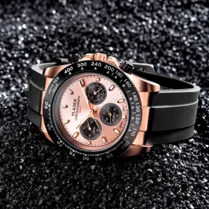 Detailed view of PLADEN rose gold men quartz watch featuring black bezel and silicone strap.