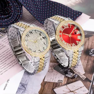 Montre quartz homme luxe strass bracelet acier inoxydable bicolore cadran chiffres romains
