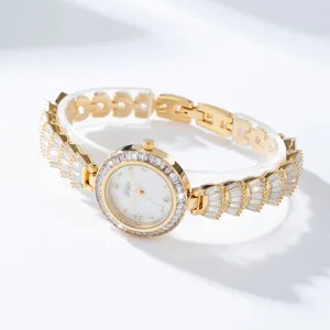 Elegant gold women quartz watch with crystal rhinestone bezel and stylish bracelet strap.