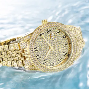 Montre homme quartz strass dorée luxe avec cadran arabe étanche design élégant étincelant