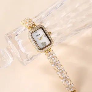 MISSFOX Damen Strass Quarz Uhr Kleine Rechteckige Zifferblatt Gold Luxus Armbanduhr