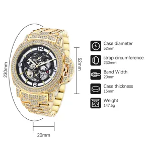 Men's gold automatic mechanical watch with skeleton dial, diamond bezel and 52mm large case.