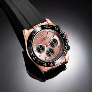 Men's quartz sports wristwatch with rose gold case, black bezel, pink dial, and rubber strap.