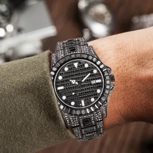 Men black iced out quartz watch with crystal diamond strap and luminous calendar dial.