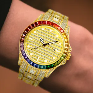 Men's luxury iced out rhinestone quartz watch with colorful crystal bezel and steel strap.