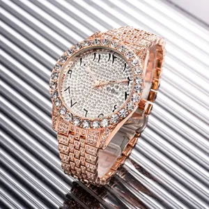 Luxury men iced out rhinestone quartz watch with big dial and bling stainless steel strap.