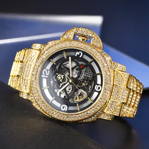 Luxury gold iced out automatic mechanical men watch skeleton big dial sparkling rhinestones