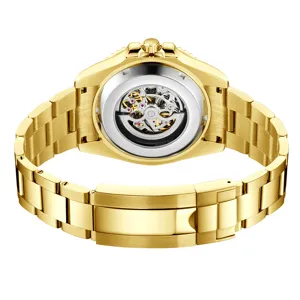 Reloj mecánico dorado hombre automático esqueleto acero inoxidable lujo pulsera detalle