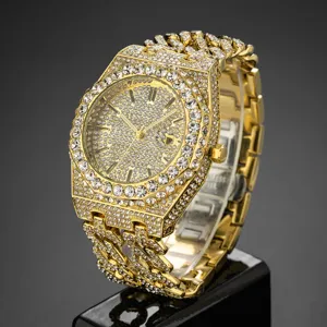 Men Hip Hop Iced Out Diamond Watch Luxury Octagonal Bezel Quartz Watch With Cuban Link Strap Gold Silver Rhinestone Men Watch