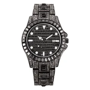 Black full diamond quartz watch with steel band and luxury luminous dial for men detail view.