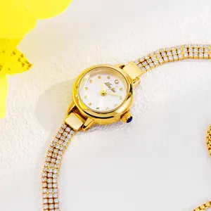 MISSFOX luxury gold rhinestone small dial quartz watch for women, elegant fashion bracelet style.