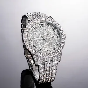 Men iced out full rhinestone quartz watch hip hop sparkling diamond silver wristwatch style