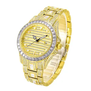 Men's gold iced out quartz watch with sparkling rhinestones, luxury fashion steel strap timepiece.