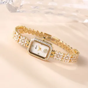 Elegante rechteckige Quarzuhr für Damen mit funkelndem Kristallarmband und tollem Zifferblatt.