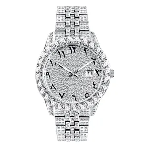 Men silver iced out quartz watch hip hop bling rhinestone luxury crystal dress wristwatch.