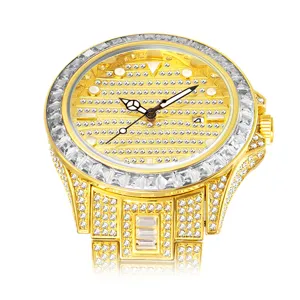 Luxury men gold quartz watch with full rhinestones iced out steel strap and calendar display