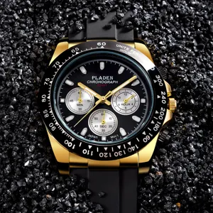 PLADEN men sports quartz watch with gold case, black dial and black silicone strap.