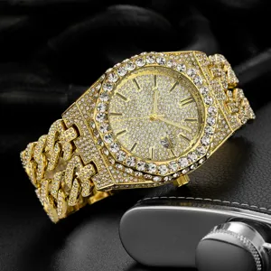 Men luxury iced out quartz watch with Cuban link bracelet and dazzling rhinestone crystals.
