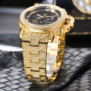 Close-up detail view of the luxurious men's full diamond skeleton automatic mechanical watch.